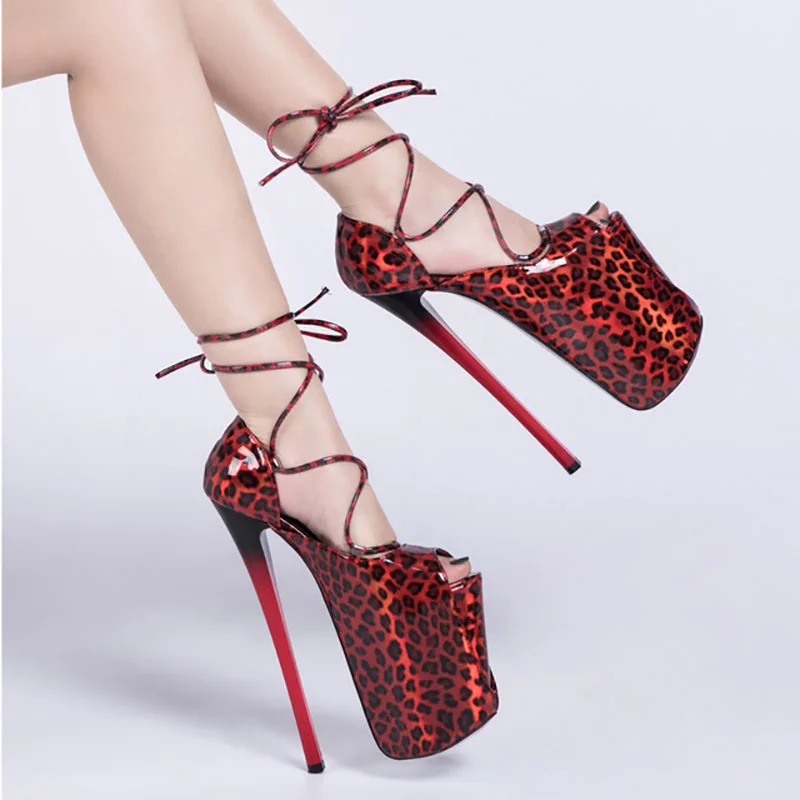 

22CM High heeled shoes Peep toe Roman Hollow Thin heels Pumps 9 inches Leopard Thick platform Nightclub Stripper Cross dressing