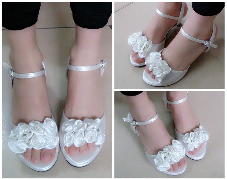 

2019 Kids Summer Sandals with Heels Ivory Flower Big Girls Dress Sandals