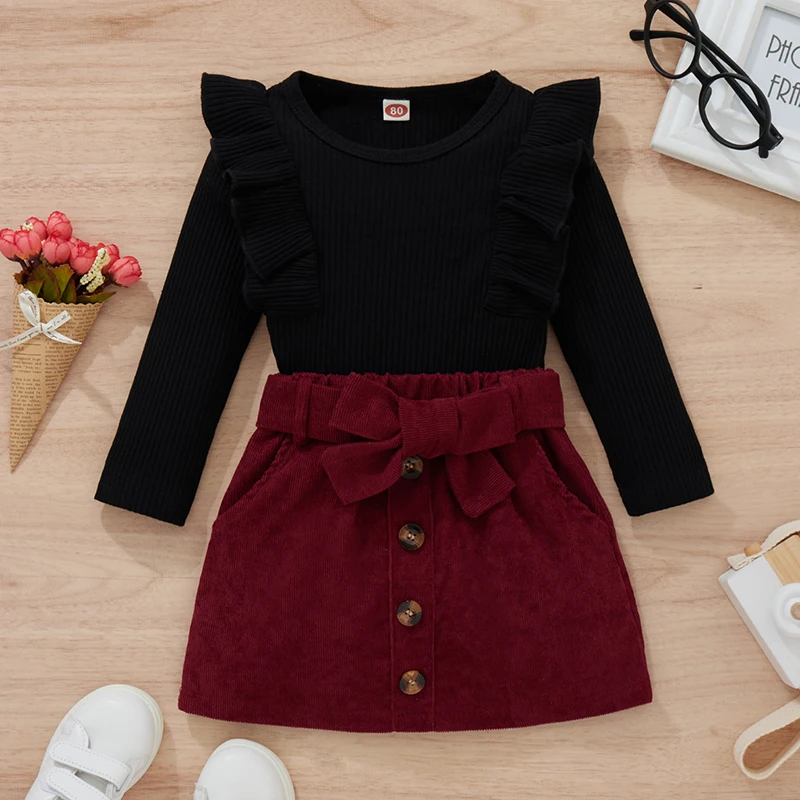 2Pcs Little Girls Outfit Toddlers Sweet Style Solid Color Ruffle Long Sleeve Round Collar Tops+ Corduroy Button Skirt with Belt