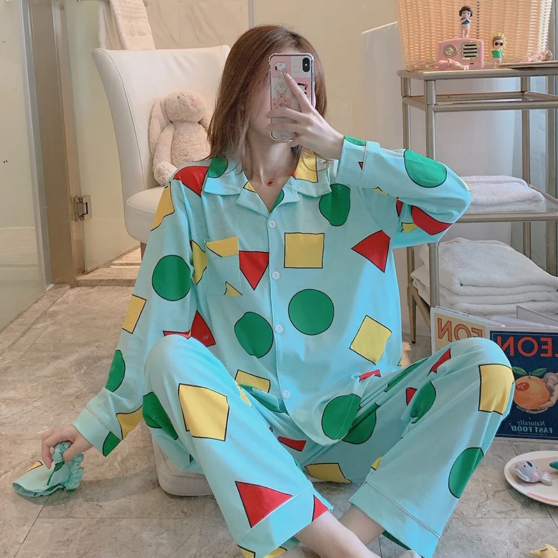 

Осенняя Пижама, японский геометрический узор, комплект из 2 предметов, брюки, женская ночная рубашка, домашняя одежда shinchan