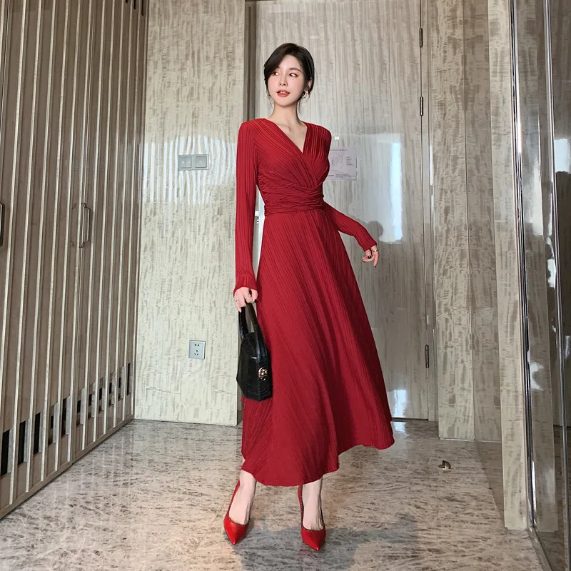 

Sheer Elegant Dress Women for Wedding Party Corset Long Sleeve Loose Ruched Dress Ladies Streetwear Modis Red Dresses for Woman