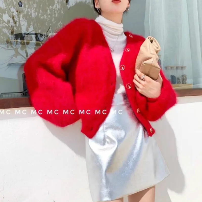

V-Neck Thick Knit Cardigan Cashmere Mink Velvet Mohair Sweater Coat Jacket OL Lantern Sleeve Single-breasted Tops Mujer Sueter
