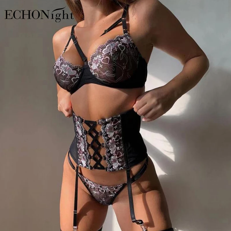 

Echonight нижнее белье, сексуальный бандаж, комплект нижнего белья с оборками, бюстгальтер с косточками, чувственное нижнее белье, женское цвето...