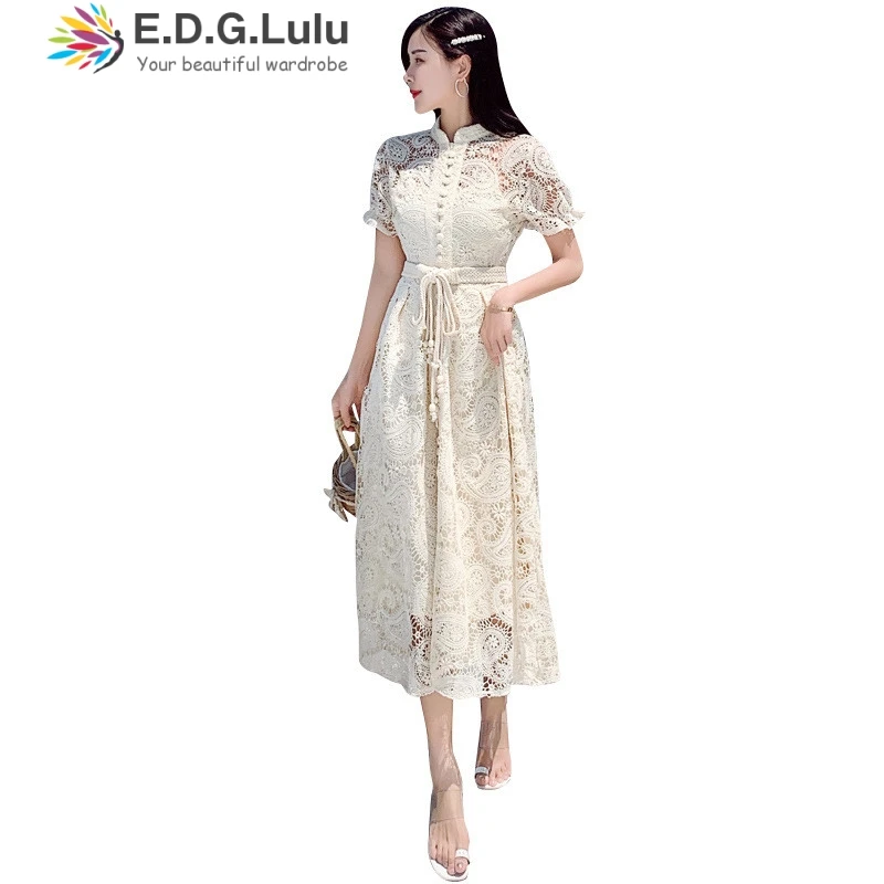 EDGLuLu 2020 весна женское элегантное ажурное кружевное платье высокого качества
