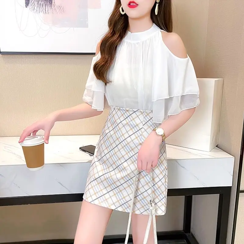 

Women 2021 Summer Fashion Two-piece Sets Female New Solid Color Chiffon Shirts Ladies High Waist Plaid Skirts Suits Y167