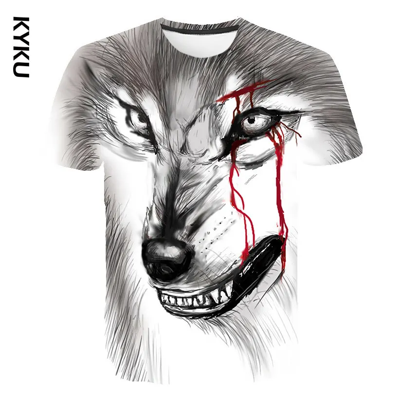 

KYKU 3D Men T-shirt Wolf t shirt Sketch Animal Casual Short Sleeved Ferocious T-shirt Hip Hop Men's Shirt 2019 Summer New Tops