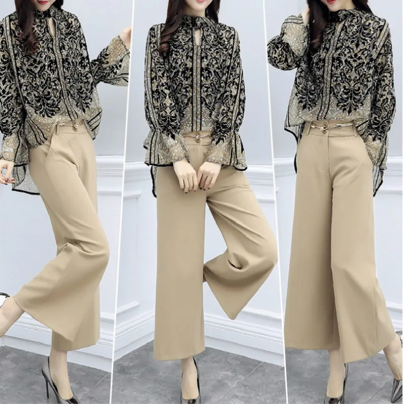

New women's spring two-piece panties chiffon long sleeve top wide leg pants pants casual fashion suit for women