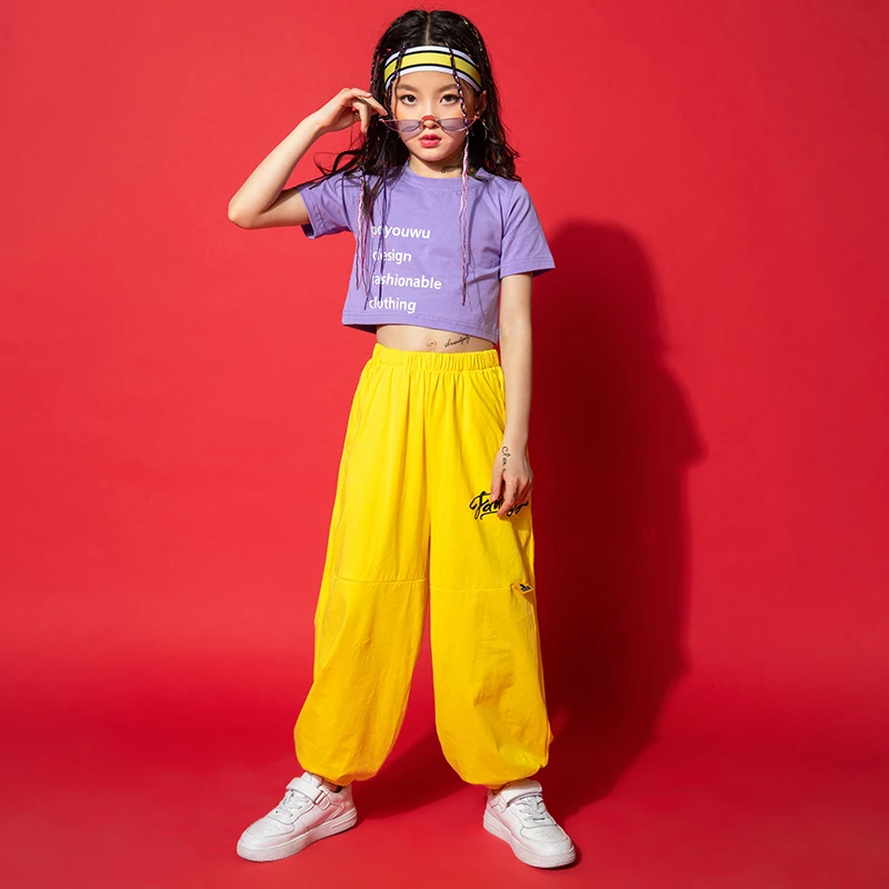 

2021 Ballroom Hip Hop Dance Clothes For Kids Children'S Day Short Sleeved Yellow Loose Pants Suit Jazz Street Dance Wear 120-170