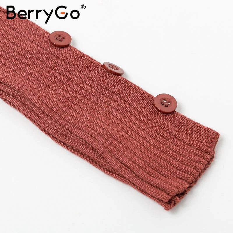 BerryGo элегантное женское вязаное платье с v-образным вырезом поясом на пуговицах