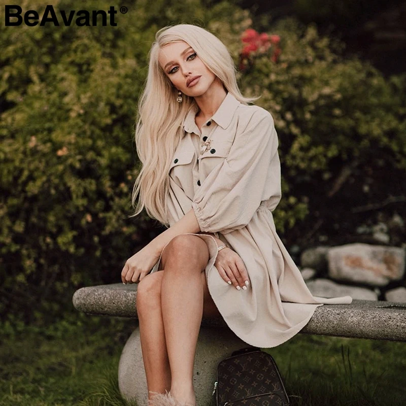 BeAvant элегантное льняное летнее Хлопковое платье, женское Короткое платье-рубашка с рукавами-фонариками, платье с высокой талией и пуговицами, повседневные офисные женские платья