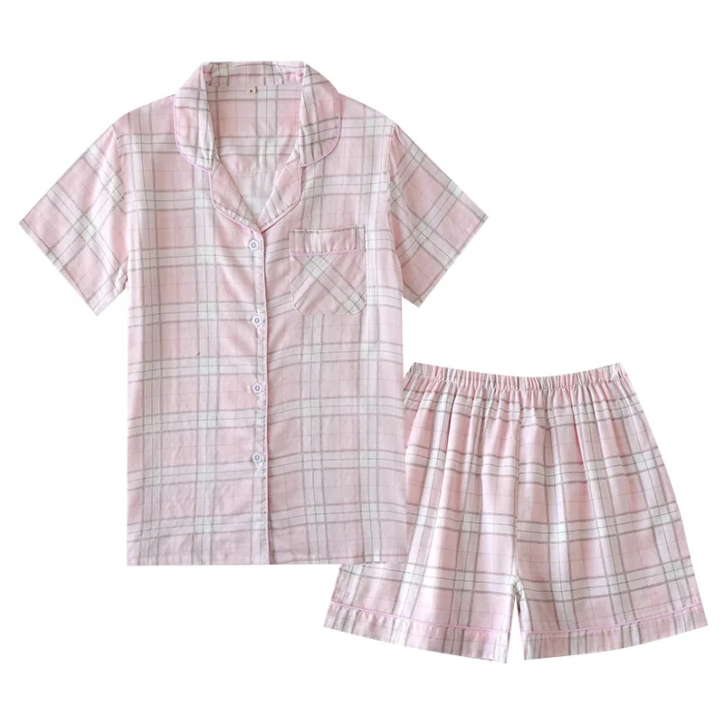 Summer Couple Pajamas Set Pure Cotton Gauze Simple Plaid Men/women Short Sleeved Sleepwear with Shorts Loose Comfy Home Wear