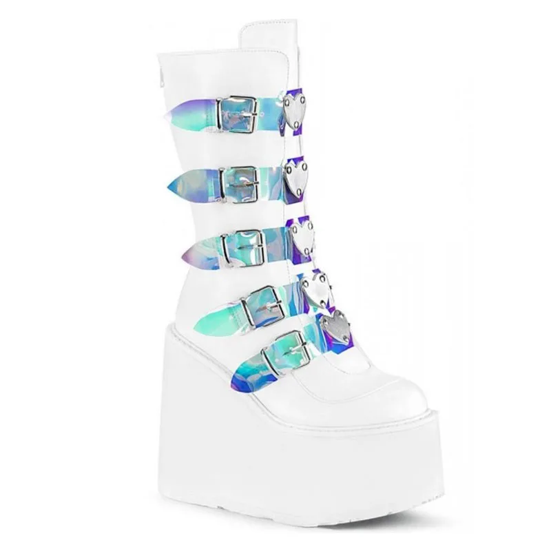 Женские ботинки на высокой платформе готические до середины икры с ремешком и