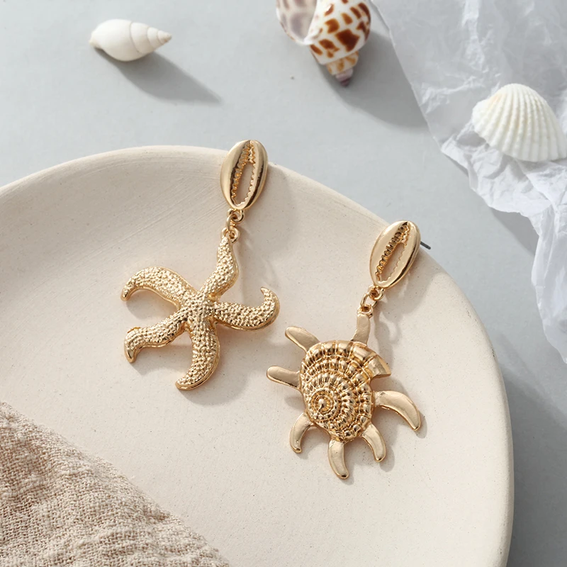 Корейские несимметричные золотые серьги в форме морской звезды висячие для