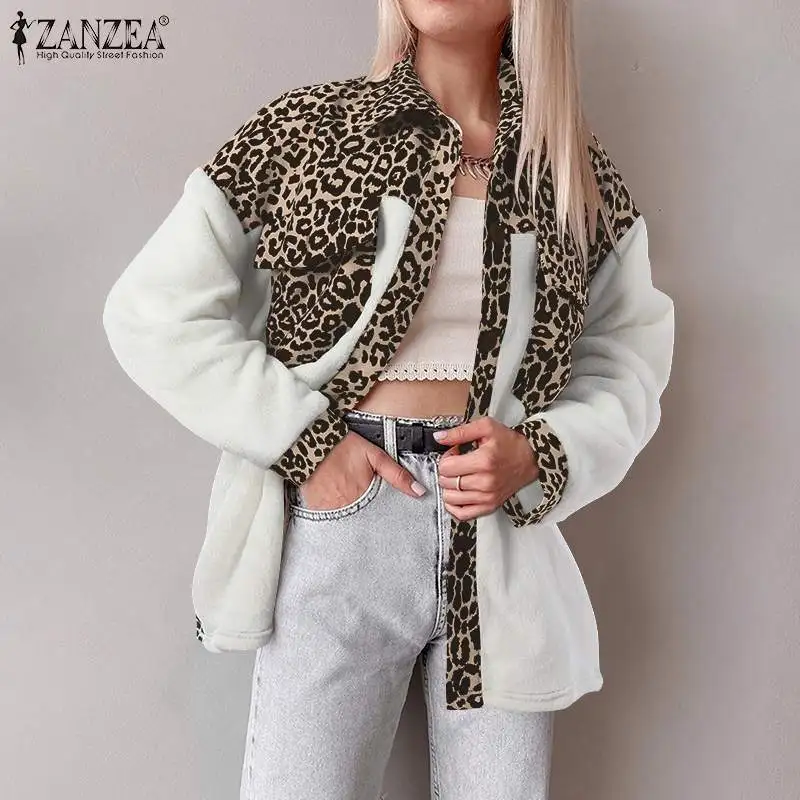 

Fashion Women Plush Shirt ZANZEA Leopard Printed Patchwork Tops 2022 Autumn Warm Lapel Blouse Lady Street Casual Oversized Blusa