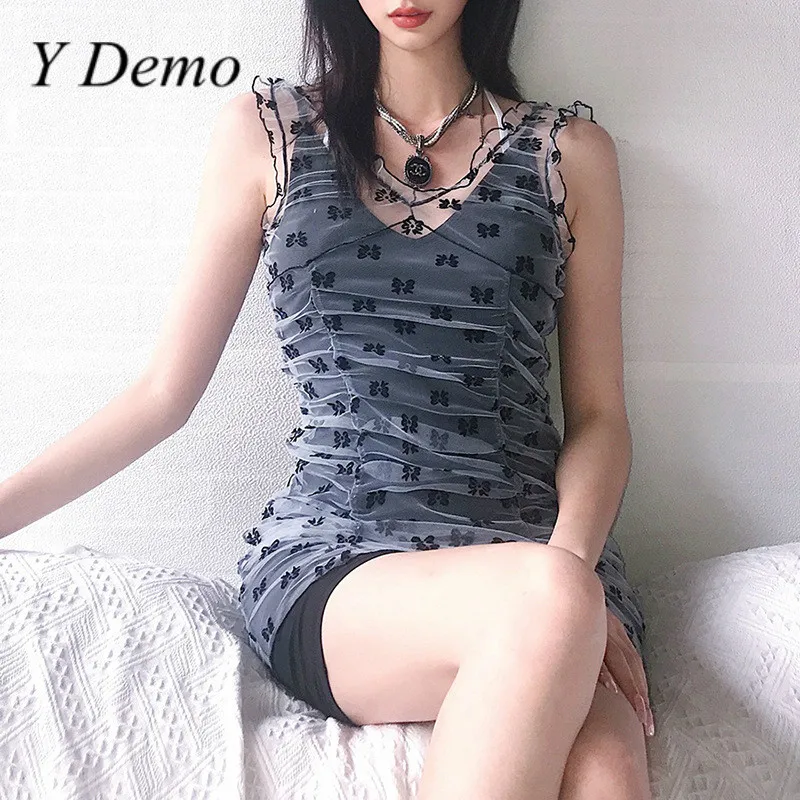 Платье женское Сетчатое без рукавов с V-образным вырезом и высокой талией |