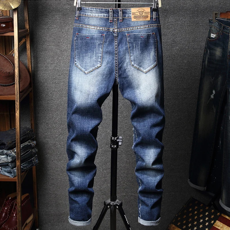 Новые мужские рваные Стрейчевые облегающие Простые повседневные джинсы Уличная