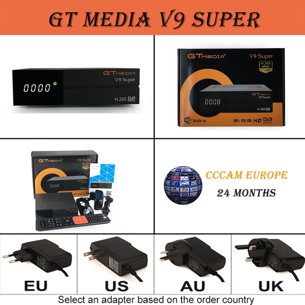Sr-V9Super-24M GTMEDIA V9 супер лучшее ТВ-цифра спутниковый телевизионный ресивер+ один год, Европейский 7-линия cccam блок питания USB2.0 декодер - Цвет: Sr-V9Super-24M