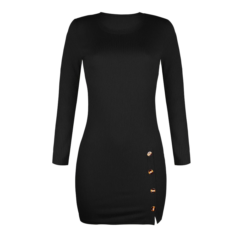 

Autumn and Winter New Women's Dress Hot Sell Button Sexy Hip Long Sleeve Dress