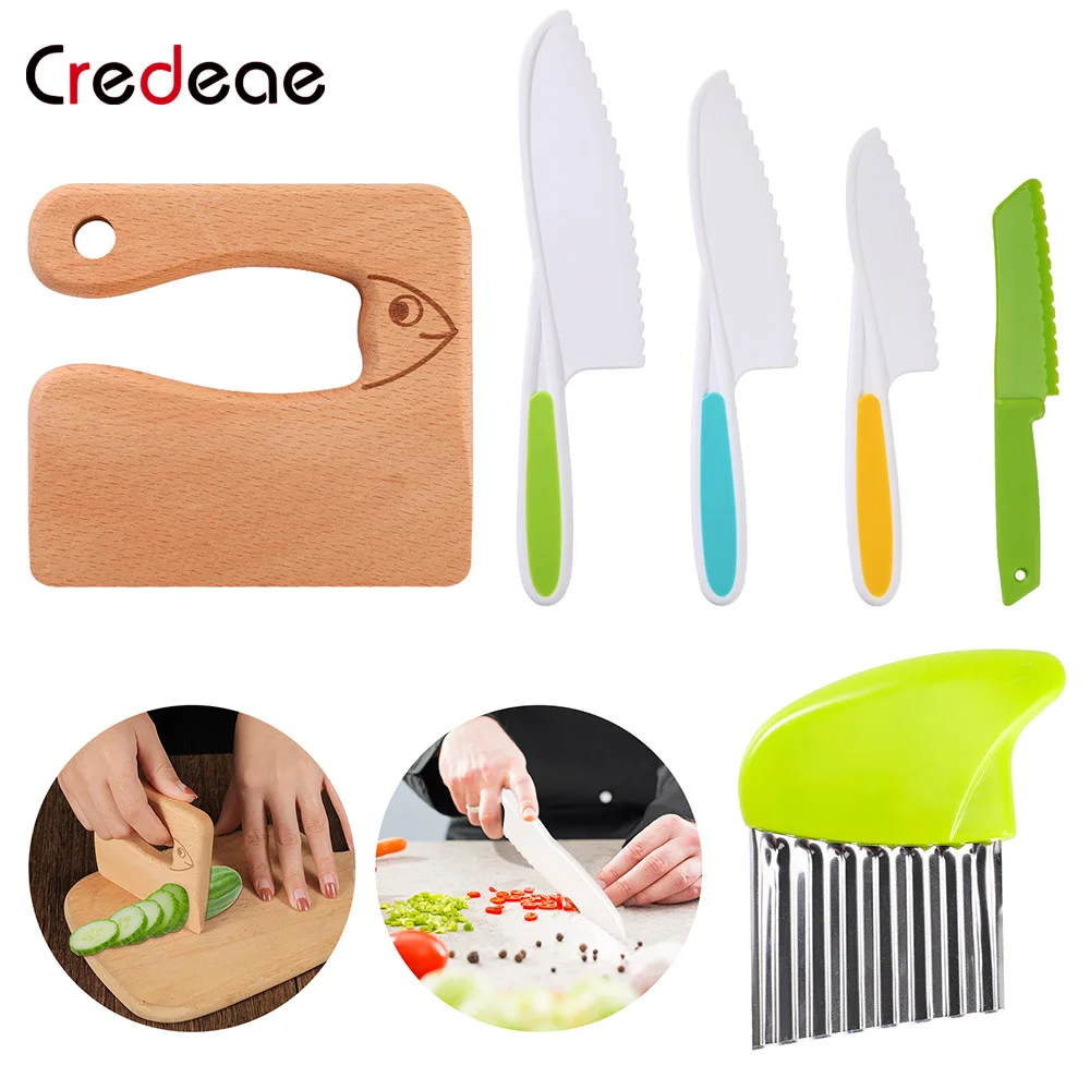 

Набор детских деревянных ножей, детские пластиковые ножи с зубчатыми краями, для слайсера, картофеля, овощей, резак для младенцев