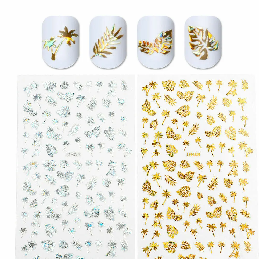 Голографические золотые 3D наклейка для ногтей лист кокосового дерева лазерный