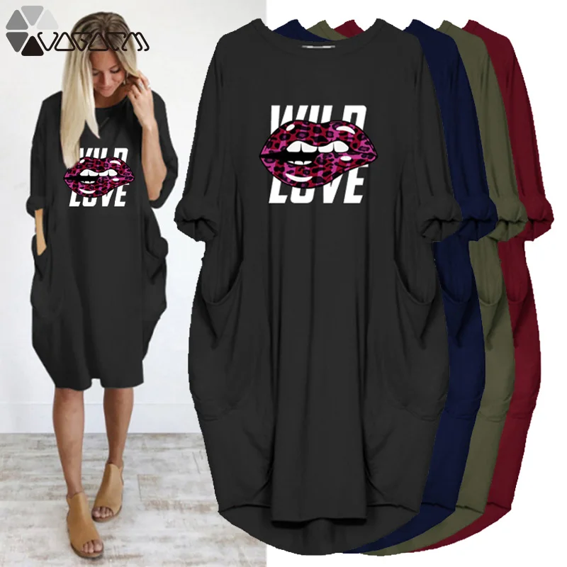 

Letter Lips Print Women Plus Size Dress Autumn Long Sleeve Pocket Harajuku Simple Midi Dresses Casual Loose O-Neck Party Vestido