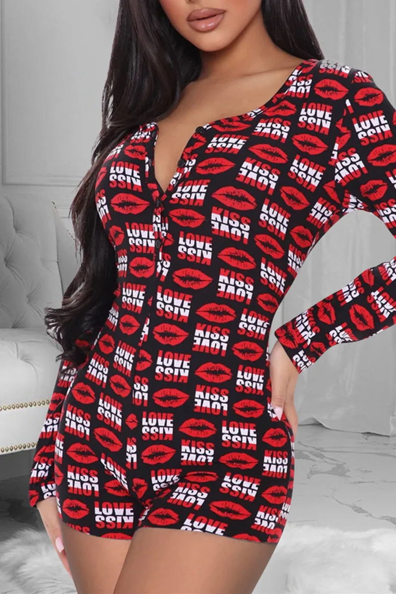 

Imcute Valentine's Day Sexy Women Romper Jumpsuit Sleepwear Home Wear V-neck Bodycon Button Long Sleeve Leotard Playsuit 2021