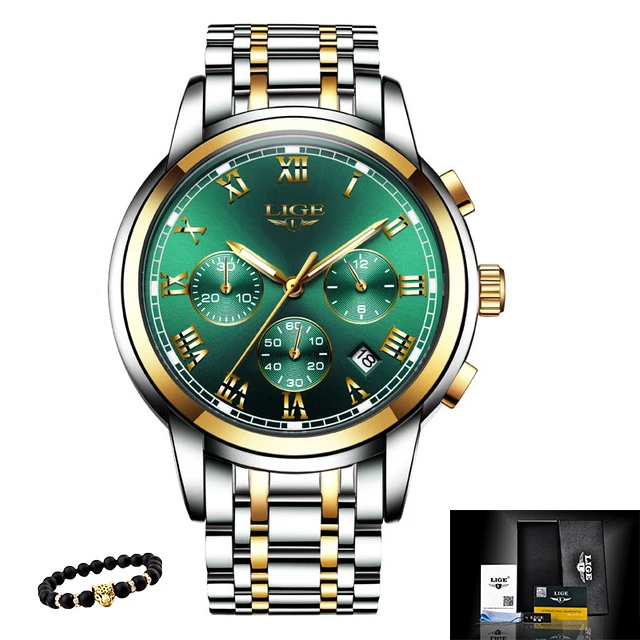 S-gold green LIGE мужские часы, военные Роскошные брендовые часы, мужские кварцевые часы из нержавеющей стали, модные часы с хронографом, мужские часы - Цвет: S-gold green