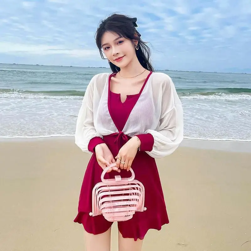 

Swimming Suit Women 2022 One Piece Long-Sleeved Sun Protection Conservative Cover Belly Slimming Sexy Seaside Vacation Swimwear