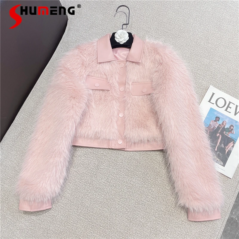 

2021 Winter New Fashionable Sweet Artificial Fur Cropped Coat Women's Long Sleeve Solid Color Leather Patchwork Short Jacket