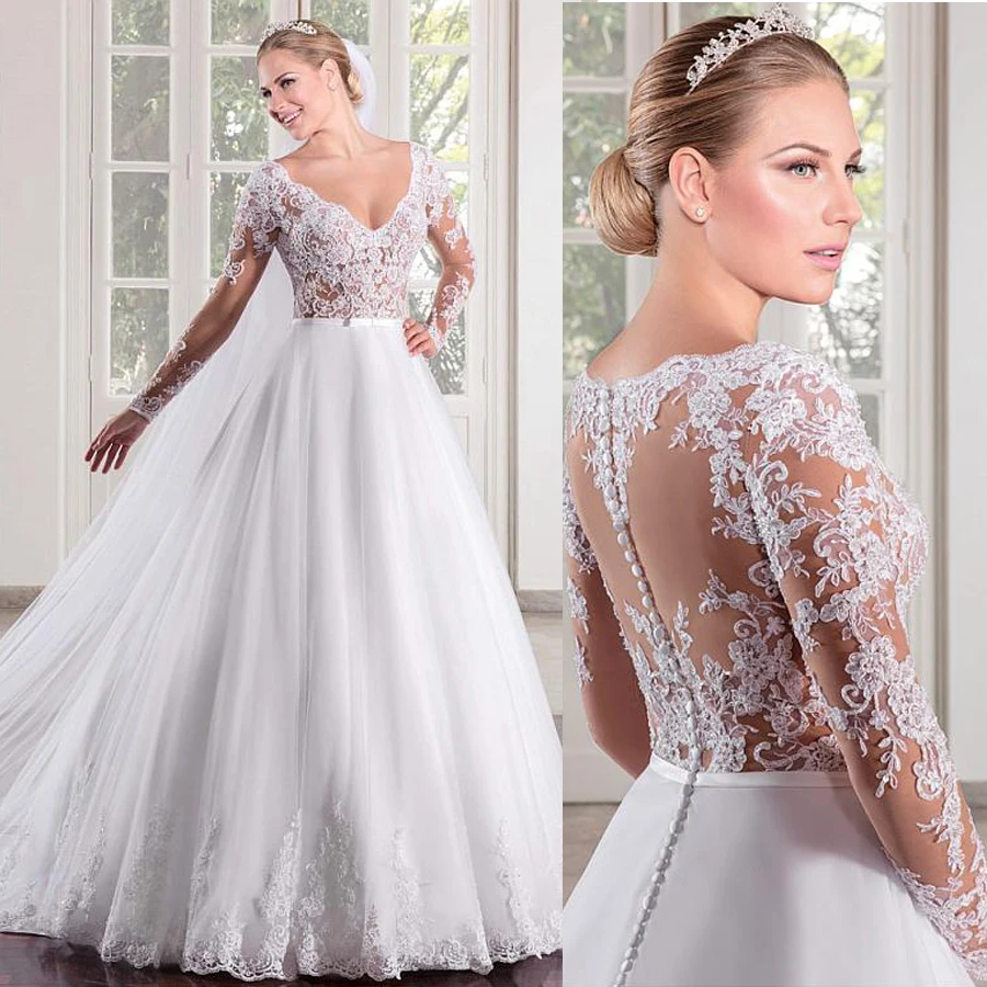 

Marvelous Tulle V-neck Neckline See-through Bodice A-line Wedding Dress Long Sleeves Illusion Back Bridal Gowns