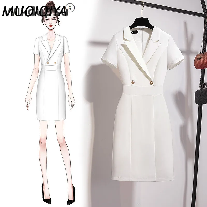 

Women New Fashion Office Ladies Classic White Notched Collar Elegant Slim Business Chic Casual Formal Pencil Dress Wear To Work