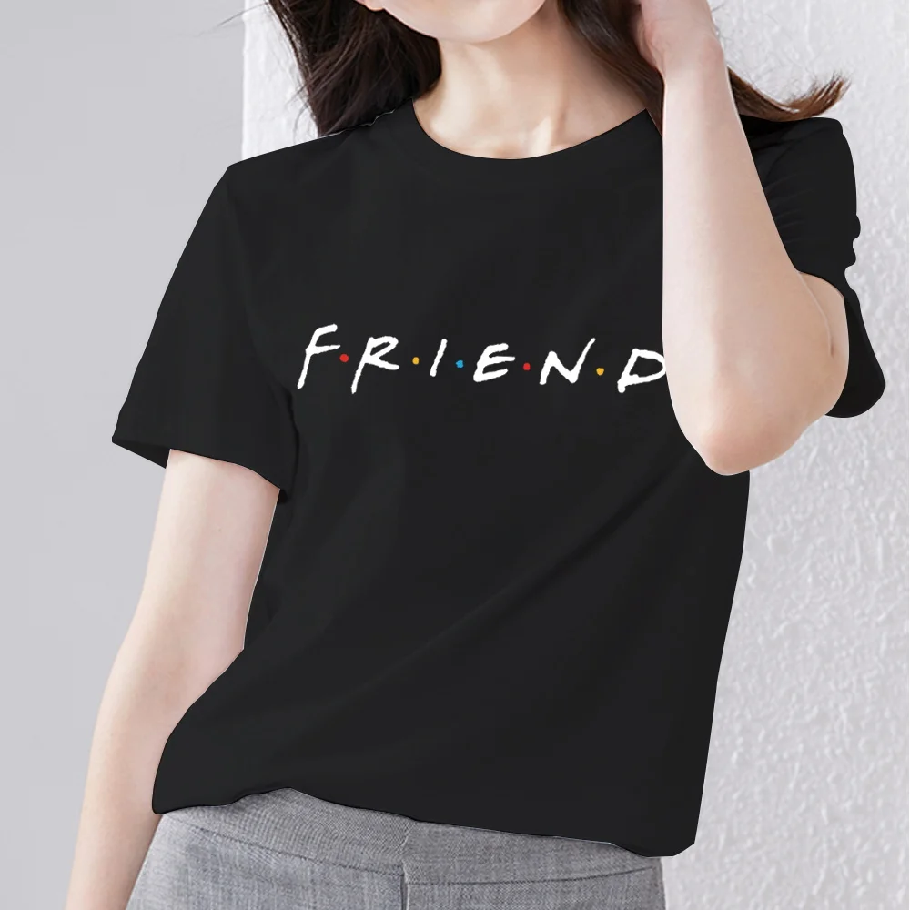 Simple Women's Clothing T-shirt Black Casual Slim Top Text Friend Pattern Printing Ladies Fashion Youth Round Neck Short Sleeve