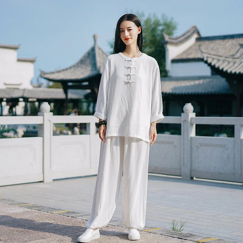 

Chinese style Linen Blouse Pants Sets Women Loose Vintage Elastic Waist Pants Shirt Sets Women Tops Pants Sets Tai Chi Clothes