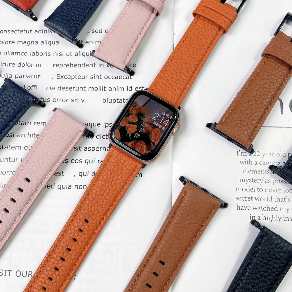 Compatible with Apple Watch Band Strap 38mm 40mm 42mm 44mm, Genuine Top Layer Leather Litchi Rind Replacement Strap All Series