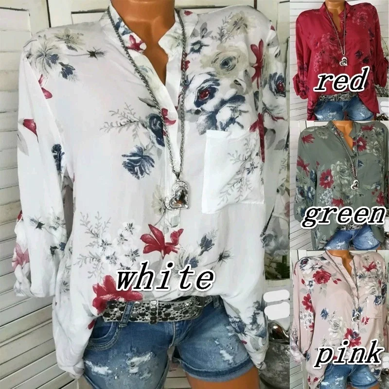 

Comfort Sleeve V-neck Shirts Cute Sexy Floral Print Plus Size Tops Women Blouse Long Love Csual clothings Classics
