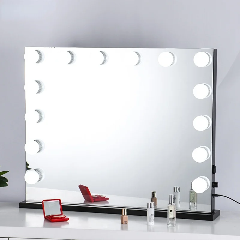 

Светодиодное зеркало для макияжа с светильник кой, большое зеркало для макияжа 80 × 65 см, трехцветное умное Сенсорное освещение, с USB-портом д...