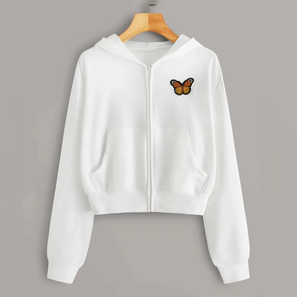 Hooded Sweatshirts Women Embroidery Butterfly Long Sleeve Zipper Pocket Shirt Hooded Sweatshirt Top Sudadera Mujer Zip Up Hoodie