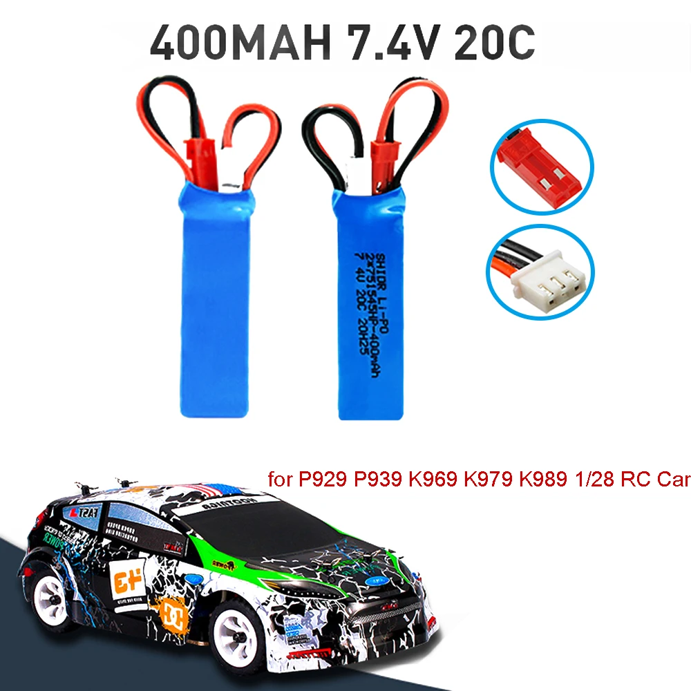 2S Lipo Battery 7.4V 400mah JST Plug Connector for 1/28 P929 P939 K969 K979 K989 RC Remote Control Car Spare Parts