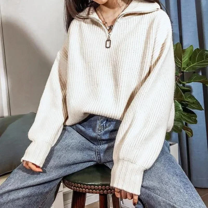 

Solid Color Zipper Solid Pullover Lapel Simple Fashion British Style Sweater Women 2020Autumn New Loose Streetwear Plus Size 3XL