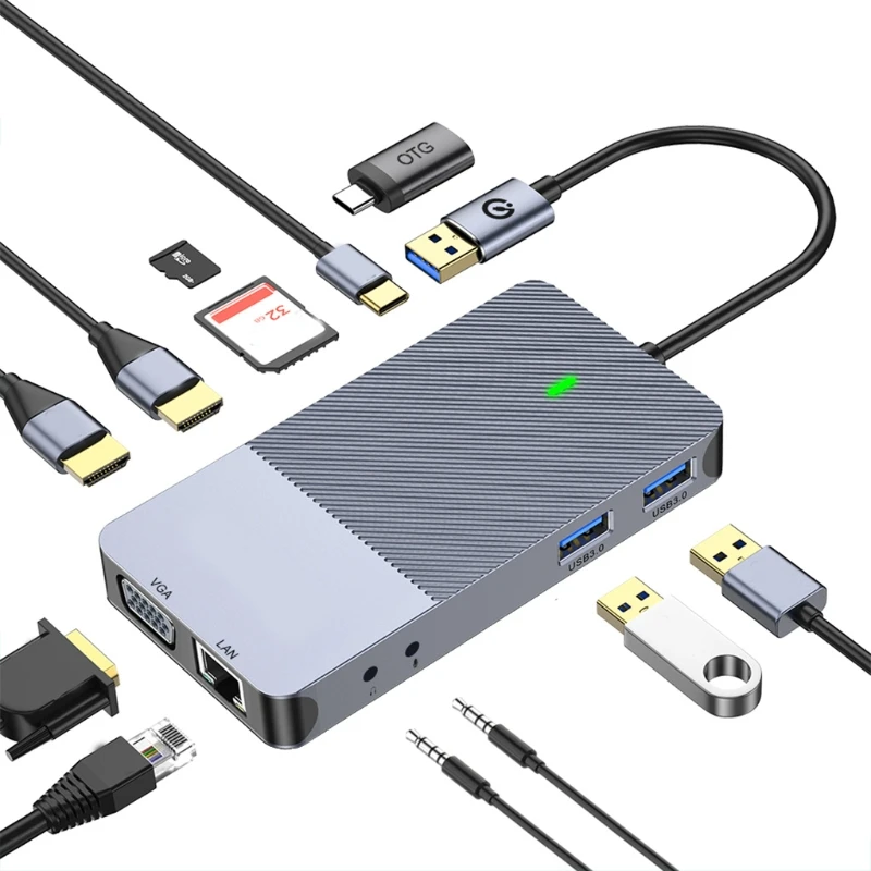 

Док-станция USB Type-C 11 в 1, хаб 2x HDMI, совместимая с VGA Lan USB3.0 Rj45 TF