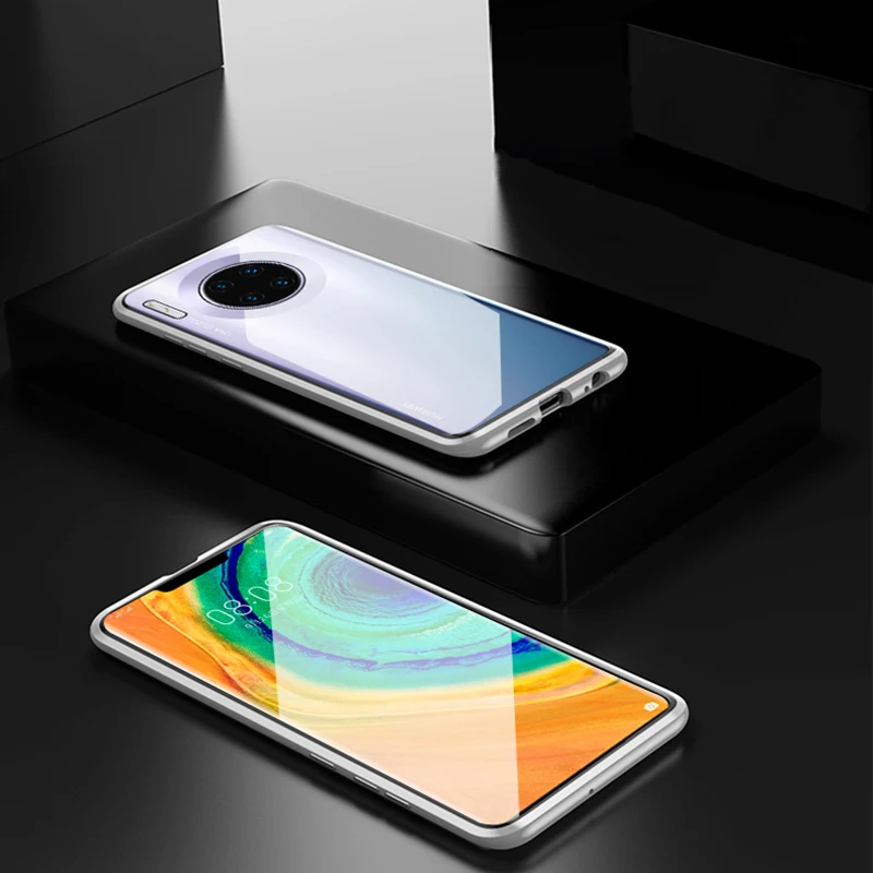 Роскошный защитный Магнитный чехол на весь корпус для huawei P30 P20 lite Pro 360, задняя крышка из закаленного стекла huawei mate 30 20 Pro Чехол - Цвет: Серебристый
