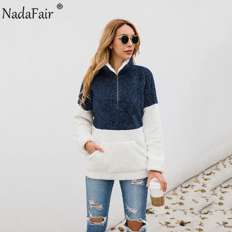 Nadafair, искусственный мех, повседневные, более размера d, толстовки, Женская толстовка, осень, пэчворк, карманы, молния, размера плюс, флис, Зимний пуловер - Цвет: Bright Blue