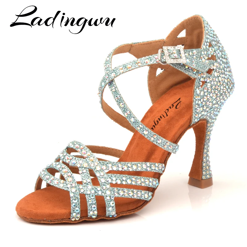 Ladingwu Rhinestone Latin Salsa Performance Dance Shoes Dancing Shoes Ballroom Dance Shoes Women Light Blue Glitter Cloth Dance