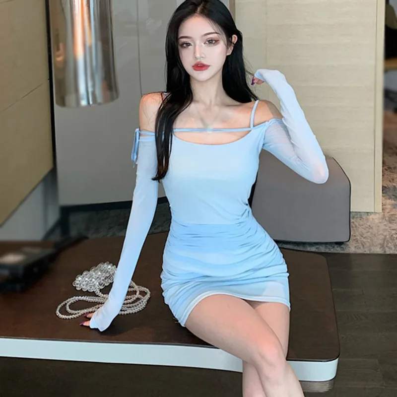 

Sexy One-shoulder Dress Women's Pleated Skirt With Waist Slimming Mesh Wrap Hip Vestidos 04