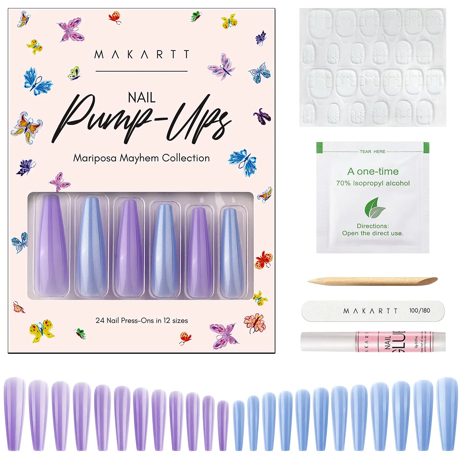 

Makartt Press On Nails Kit, Mariposa Mayhem Ultra Long Acrylic Nail Tips False Nails 12 Sizes with Nail Glue Nail Stick Adhesive