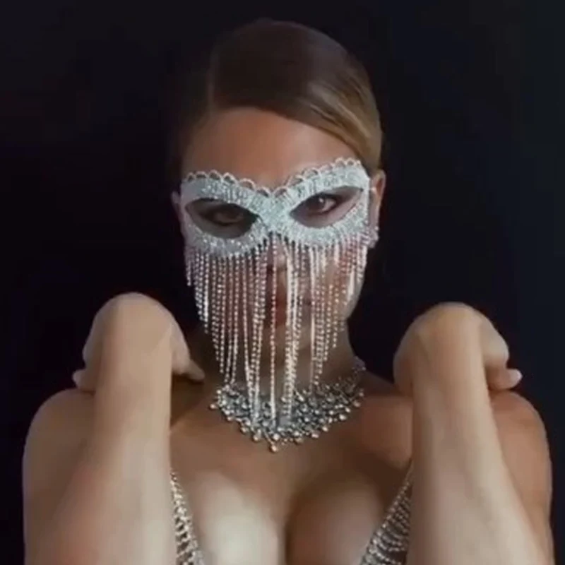 

New Fashion Prom Tassel Rhinestone Mask Cosplay For Women Bling Crystal Headdress Nightclub Mask Bride Decoration Party