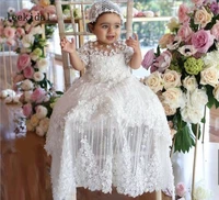 luxury first communion dresses for girls jewel neck short sleeve lace applique beaded long christening gown with hat top quality