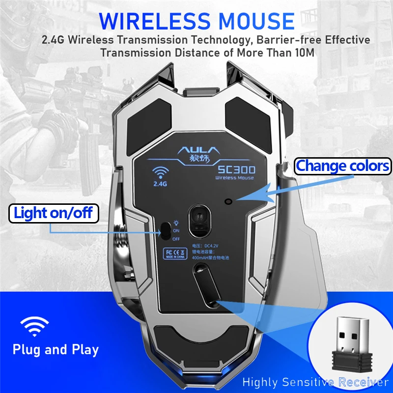 AULA SC300 2.4G Wireless Mouse Rechargeable 4-Color RGB Gaming Auto-sensing Smart Sleep Ergonomic Optics for MacOS Windows | Компьютеры и