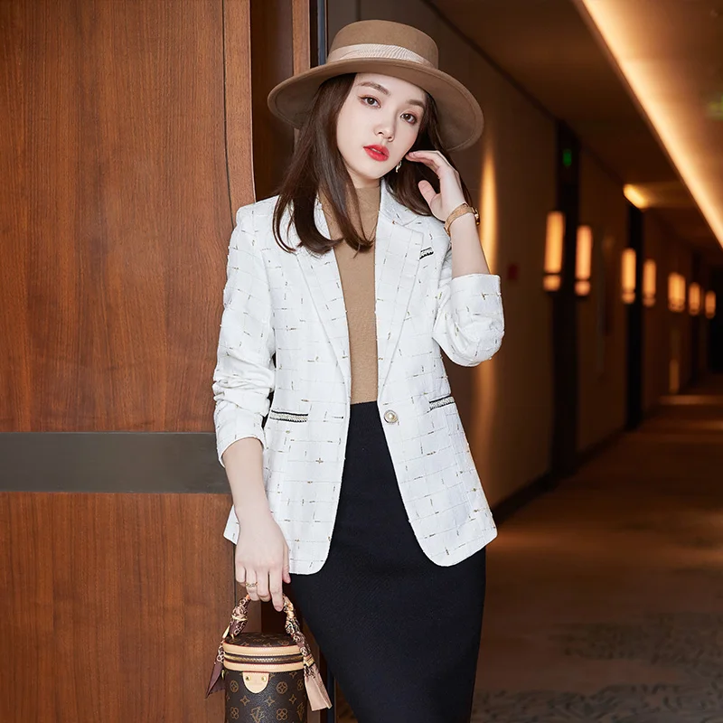 Boliyae Autumn and Winter New Plaid Long Sleeve Blazer Women Fashion Black Slim Jackets Female Casual Office Tops Coat Clothing