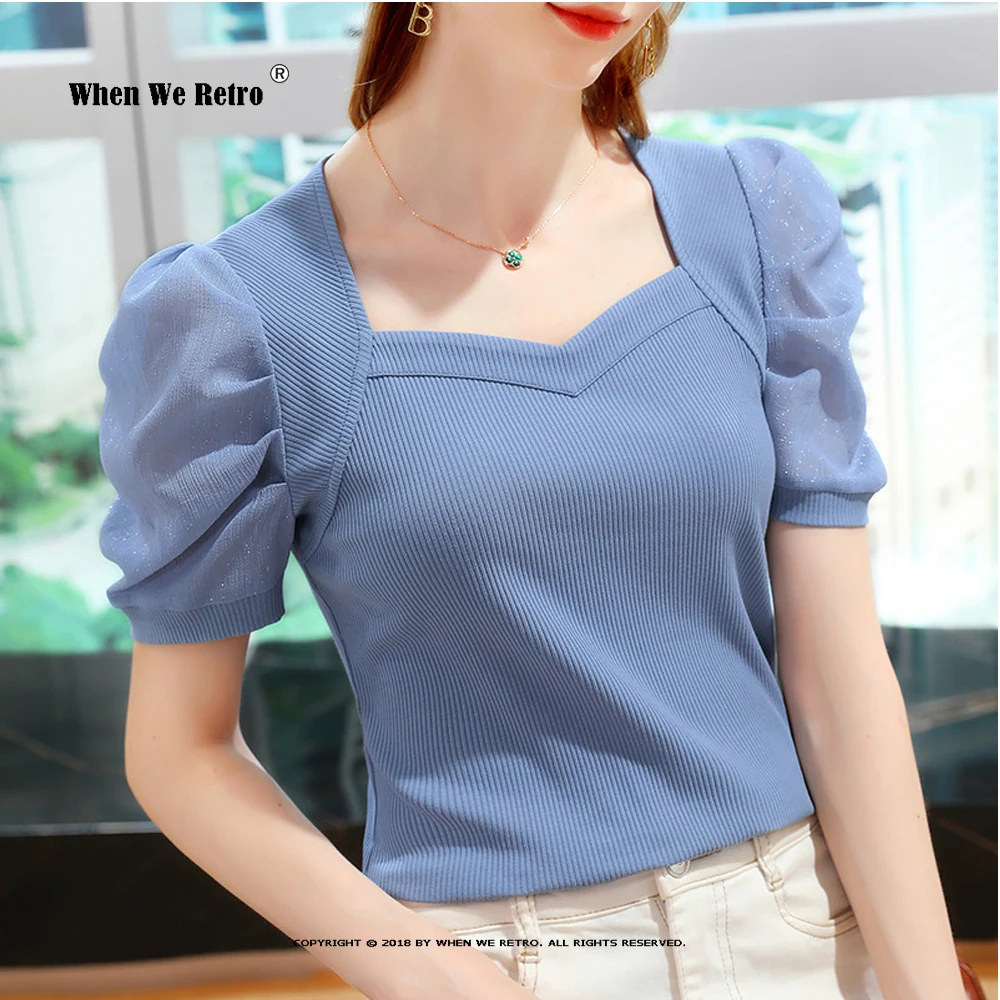 

Однотонная черная, синяя, белая футболка, блузки VD2100, винтажные Топы с коротким рукавом и квадратным вырезом, женская футболка